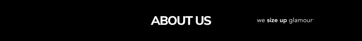 Banner text reading "About Us" with Sydney's Closet tagline, "we size up glamour" on black background.