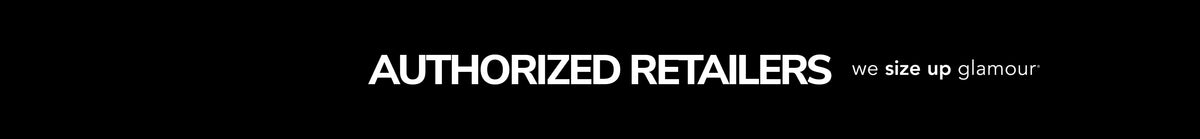 Banner text reading "Authorized Retailers" with Sydney's Closet tagline, "we size up glamour" on black background.