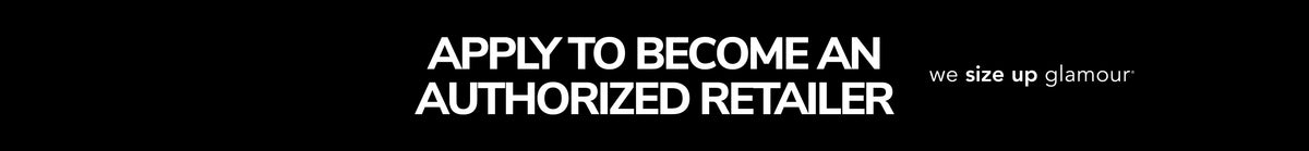 Banner text reading "Apply to Become an Authorized Retailer" with Sydney's Closet tagline, "we size up glamour" on black background.