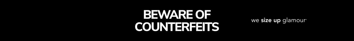 Banner text reading "Beware of Counterfeits" with Sydney's Closet tagline, "we size up glamour" on black background.