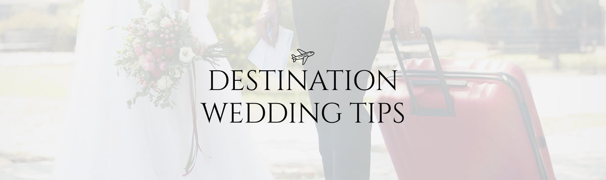 Text reading "Destination Wedding Tips" with a muted background image of a bride and groom pulling a luggage.