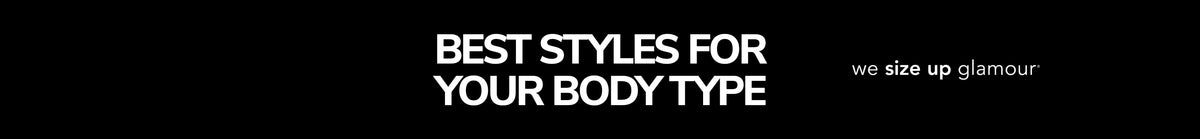 Banner text reading "Best Styles for Your Body Type" with Sydney's Closet tagline, "we size up glamour" on black background.