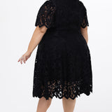 Plus size little black dress made of Guipure lace. Cap sleeves, scoop neckline and center back zipper. CE2601 available in sizes 14-24 in black. Celebrations by Sydney's Closet.