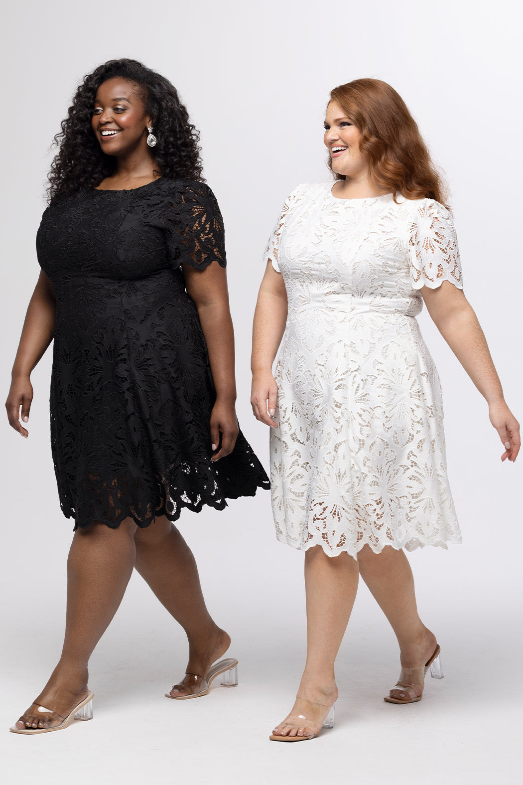 Duo picture of CE2601 from Celebrations by Sydney's Closet.  Featuring Guipiere short lace dress in black or white. 