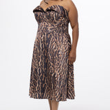 Plus size Tee length animal print dress.  fold over cuff detail, exposed corset boning, natural waistline, and A-line skirt with pockets and center back zipper. CE2603 available in sizes 14-24 in animal print. Celebrations by Sydney's Closet.