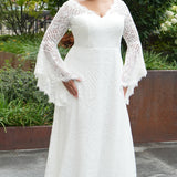 Boho crochet lace plus size wedding dress with V-neckline, illusion lace straps, illusion long flowy bell sleeves, natural wiasltine and slim A-line skirt finished with scalloped eyelash hem.  Available in ivory. Celebrations by Sydney's Closet style CE2604