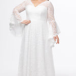 Boho crochet lace plus size wedding dress with V-neckline, illusion lace straps, illusion long flowy bell sleeves, natural wiasltine and slim A-line skirt finished with scalloped eyelash hem.  Available in ivory. Celebrations by Sydney's Closet style CE2604