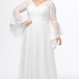 Boho crochet lace plus size wedding dress with V-neckline, illusion lace straps, illusion long flowy bell sleeves, natural wiasltine and slim A-line skirt finished with scalloped eyelash hem.  Available in ivory. Celebrations by Sydney's Closet style CE2604