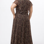 Plus size A-line floor length animal print gown. Flutter cap sleeves, ruffle starting at highpoint of shoulder down to natural waistline. Left leg slit and center back zipper.  CE2606 available in sizes 14-32 in animal print. Celebrations by Sydney's Closet.