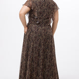 Plus size A-line floor length animal print gown. Flutter cap sleeves, ruffle starting at highpoint of shoulder down to natural waistline. Left leg slit and center back zipper.  CE2606 available in sizes 14-32 in animal print. Celebrations by Sydney's Closet.