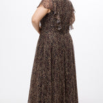 Plus size A-line floor length animal print gown. Flutter cap sleeves, ruffle starting at highpoint of shoulder down to natural waistline. Left leg slit and center back zipper.  CE2606 available in sizes 14-32 in animal print. Celebrations by Sydney's Closet.