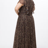Plus size A-line floor length animal print gown. Flutter cap sleeves, ruffle starting at highpoint of shoulder down to natural waistline. Left leg slit and center back zipper.  CE2606 available in sizes 14-32 in animal print. Celebrations by Sydney's Closet.
