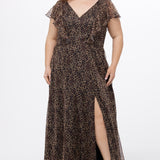 Celebrations by Sydney's Closet style CE2606 in animal print. 

Long plus size animal print dress.  V-neck, short flutter sleeves, natural waistline, pockets and ruffles on bodice princess seams. Left leg slit. Made from printed chiffon and light satin lining. High scoop back and center back zipper. 