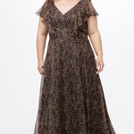 Plus size A-line floor length animal print gown. Flutter cap sleeves, ruffle starting at highpoint of shoulder down to natural waistline. Left leg slit and center back zipper.  CE2606 available in sizes 14-32 in animal print. Celebrations by Sydney's Closet.