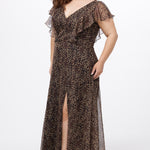 Plus size A-line floor length animal print gown. Flutter cap sleeves, ruffle starting at highpoint of shoulder down to natural waistline. Left leg slit and center back zipper.  CE2606 available in sizes 14-32 in animal print. Celebrations by Sydney's Closet.