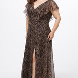 Plus size A-line floor length animal print gown. Flutter cap sleeves, ruffle starting at highpoint of shoulder down to natural waistline. Left leg slit and center back zipper.  CE2606 available in sizes 14-32 in animal print. Celebrations by Sydney's Closet.