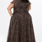 Plus size A-line floor length animal print gown. Flutter cap sleeves, ruffle starting at highpoint of shoulder down to natural waistline. Left leg slit and center back zipper.  CE2606 available in sizes 14-32 in animal print. Celebrations by Sydney's Closet.