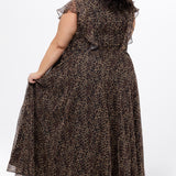 Plus size A-line floor length animal print gown. Flutter cap sleeves, ruffle starting at highpoint of shoulder down to natural waistline. Left leg slit and center back zipper.  CE2606 available in sizes 14-32 in animal print. Celebrations by Sydney's Closet.