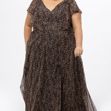 Plus size A-line floor length animal print gown. Flutter cap sleeves, ruffle starting at highpoint of shoulder down to natural waistline. Left leg slit and center back zipper.  CE2606 available in sizes 14-32 in animal print. Celebrations by Sydney's Closet.