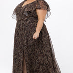 Plus size A-line floor length animal print gown. Flutter cap sleeves, ruffle starting at highpoint of shoulder down to natural waistline. Left leg slit and center back zipper.  CE2606 available in sizes 14-32 in animal print. Celebrations by Sydney's Closet.
