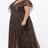 Plus size A-line floor length animal print gown. Flutter cap sleeves, ruffle starting at highpoint of shoulder down to natural waistline. Left leg slit and center back zipper.  CE2606 available in sizes 14-32 in animal print. Celebrations by Sydney's Closet.