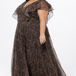Plus size A-line floor length animal print gown. Flutter cap sleeves, ruffle starting at highpoint of shoulder down to natural waistline. Left leg slit and center back zipper.  CE2606 available in sizes 14-32 in animal print. Celebrations by Sydney's Closet.