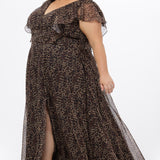 Plus size A-line floor length animal print gown. Flutter cap sleeves, ruffle starting at highpoint of shoulder down to natural waistline. Left leg slit and center back zipper.  CE2606 available in sizes 14-32 in animal print. Celebrations by Sydney's Closet.