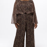Plus size one-piece animal print jumpsuit. Long flowy chiffon sleeves and blouson bodice, elastic waist, and wide-leg pants. Center back zipper and scoop neckline. CE2607 available in sizes 14-28 in animal print. Celebration's by Sydney's Closet. 