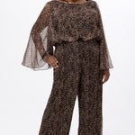 Plus size one-piece animal print jumpsuit. Long flowy chiffon sleeves and blouson bodice, elastic waist, and wide-leg pants. Center back zipper and scoop neckline. CE2607 available in sizes 14-28 in animal print. Celebration's by Sydney's Closet. 