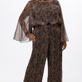 Plus size one-piece animal print jumpsuit. Long flowy chiffon sleeves and blouson bodice, elastic waist, and wide-leg pants. Center back zipper and scoop neckline. CE2607 available in sizes 14-28 in animal print. Celebration's by Sydney's Closet. 