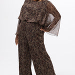 Plus size one-piece animal print jumpsuit. Long flowy chiffon sleeves and blouson bodice, elastic waist, and wide-leg pants. Center back zipper and scoop neckline. CE2607 available in sizes 14-28 in animal print. Celebration's by Sydney's Closet. 