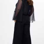 Celebration's by Sydney's Closet style CE2608 in black. 

Scoop neckline, long cape sleeve chiffon jumpsuit. Wide leg pants, blouson bodice and natural waistline. High scoop back with center back zipper. 