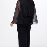 Celebration's by Sydney's Closet style CE2608 in black. 

Scoop neckline, long cape sleeve chiffon jumpsuit. Wide leg pants, blouson bodice and natural waistline. High scoop back with center back zipper. 