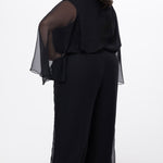 Celebration's by Sydney's Closet style CE2608 in black. 

Scoop neckline, long cape sleeve chiffon jumpsuit. Wide leg pants, blouson bodice and natural waistline. High scoop back with center back zipper. 