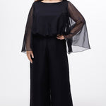 Celebration's by Sydney's Closet style CE2608 in black. 

Scoop neckline, long cape sleeve chiffon jumpsuit. Wide leg pants, blouson bodice and natural waistline. High scoop back with center back zipper. 