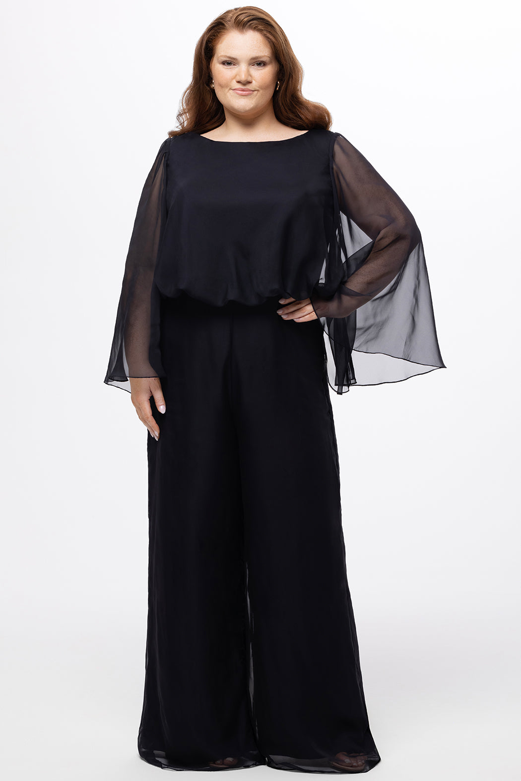 Celebration's by Sydney's Closet style CE2608 in black. 

Scoop neckline, long cape sleeve chiffon jumpsuit. Wide leg pants, blouson bodice and natural waistline. High scoop back with center back zipper. 