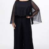 Celebration's by Sydney's Closet style CE2608 in black. 

Scoop neckline, long cape sleeve chiffon jumpsuit. Wide leg pants, blouson bodice and natural waistline. High scoop back with center back zipper. 