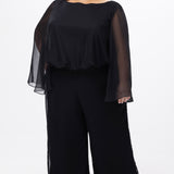 Celebration's by Sydney's Closet style CE2608 in black. 

Scoop neckline, long cape sleeve chiffon jumpsuit. Wide leg pants, blouson bodice and natural waistline. High scoop back with center back zipper. 
