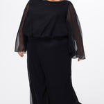 Celebration's by Sydney's Closet style CE2608 in black. 

Scoop neckline, long cape sleeve chiffon jumpsuit. Wide leg pants, blouson bodice and natural waistline. High scoop back with center back zipper. 