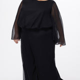 Celebration's by Sydney's Closet style CE2608 in black. 

Scoop neckline, long cape sleeve chiffon jumpsuit. Wide leg pants, blouson bodice and natural waistline. High scoop back with center back zipper. 