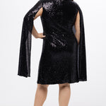 Sydney's Closet CE2609 in black.

Plus size sequin black short party dress. V-neckline, bra-friendly straps with attached cape sleeve detail, princess silhouette, slim A-line skirt. at knee-length.