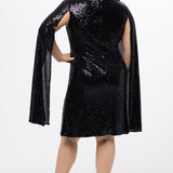 Sydney's Closet CE2609 in black.

Plus size sequin black short party dress. V-neckline, bra-friendly straps with attached cape sleeve detail, princess silhouette, slim A-line skirt. at knee-length.