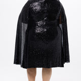 Sydney's Closet CE2609 in black.

Plus size sequin black short party dress. V-neckline, bra-friendly straps with attached cape sleeve detail, princess silhouette, slim A-line skirt. at knee-length.