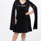 Sydney's Closet CE2609 in black.

Plus size sequin black short party dress. V-neckline, bra-friendly straps with attached cape sleeve detail, princess silhouette, slim A-line skirt. at knee-length.