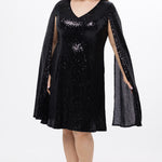 Sydney's Closet CE2609 in black.

Plus size sequin black short party dress. V-neckline, bra-friendly straps with attached cape sleeve detail, princess silhouette, slim A-line skirt. at knee-length.