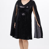 Sydney's Closet CE2609 in black.

Plus size sequin black short party dress. V-neckline, bra-friendly straps with attached cape sleeve detail, princess silhouette, slim A-line skirt. at knee-length.