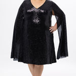 Sydney's Closet CE2609 in black.

Plus size sequin black short party dress. V-neckline, bra-friendly straps with attached cape sleeve detail, princess silhouette, slim A-line skirt. at knee-length.