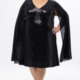 Sydney's Closet CE2609 in black.

Plus size sequin black short party dress. V-neckline, bra-friendly straps with attached cape sleeve detail, princess silhouette, slim A-line skirt. at knee-length.
