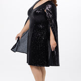 Sydney's Closet CE2609 in black.

Plus size sequin black short party dress. V-neckline, bra-friendly straps with attached cape sleeve detail, princess silhouette, slim A-line skirt. at knee-length.