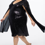 Sydney's Closet CE2609 in black.

Plus size sequin black short party dress. V-neckline, bra-friendly straps with attached cape sleeve detail, princess silhouette, slim A-line skirt. at knee-length.